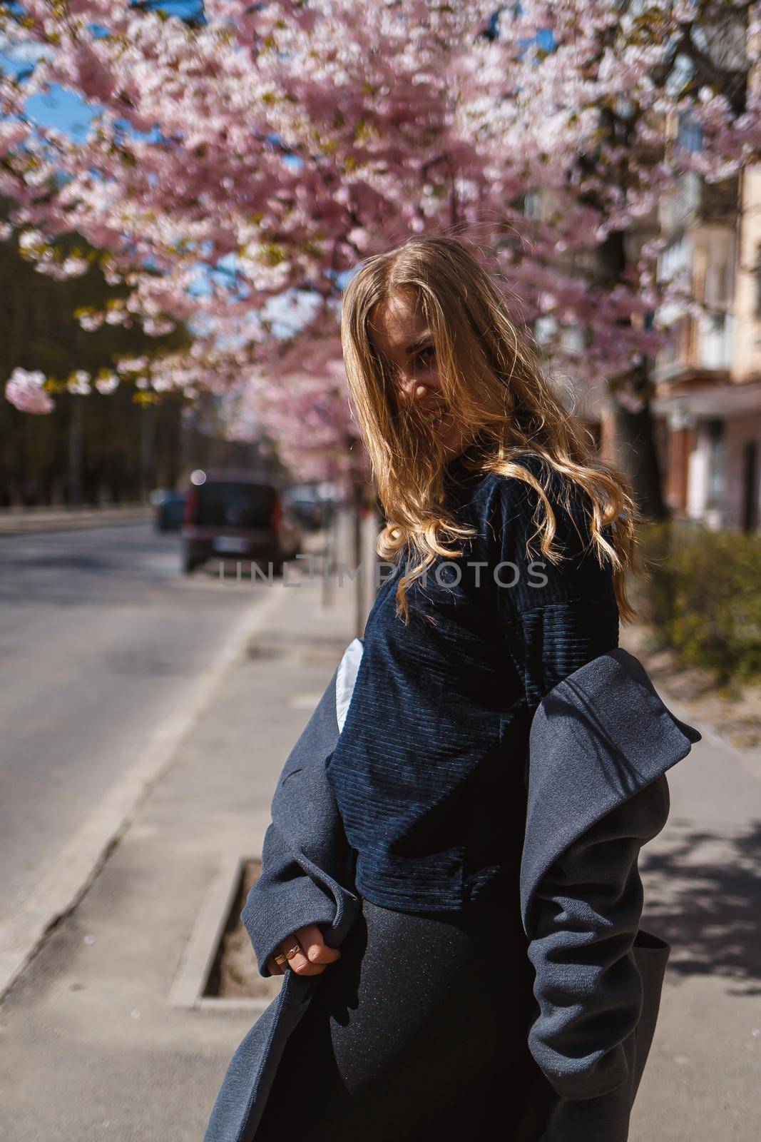 Sakura branches with flowers on a tree on the city streets. Happy woman girl in a gray palette walks along an alley with blooming sakura. Gorgeous fancy girl outdoors. Sakura tree blooming.
