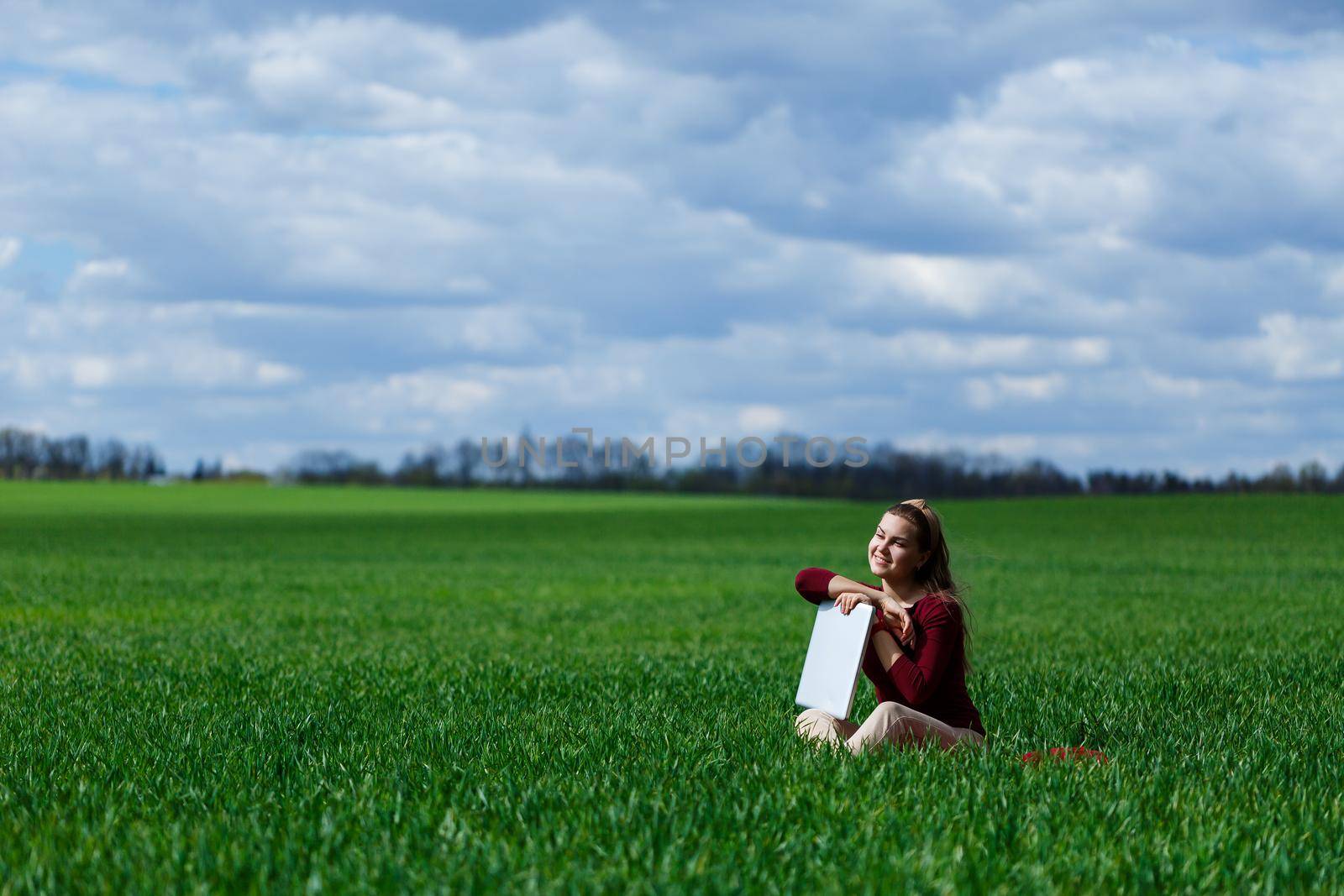 Young successful woman is sitting on green grass with a laptop in her hands. Rest after a good working day. Work on the nature. Student girl working in a secluded place. Workplace in nature by Dmitrytph