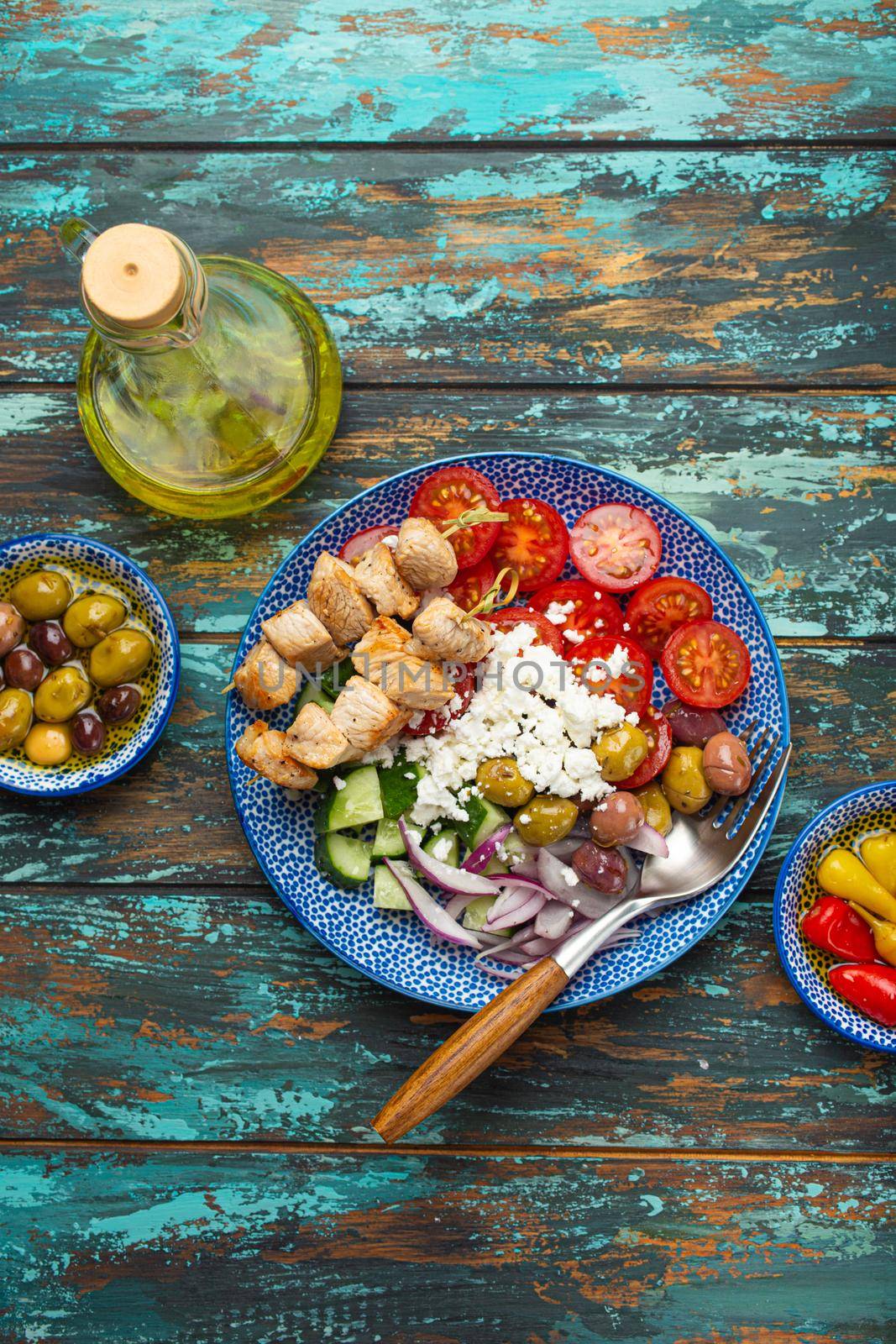 Greek salad and meat souvlaki from above by its_al_dente