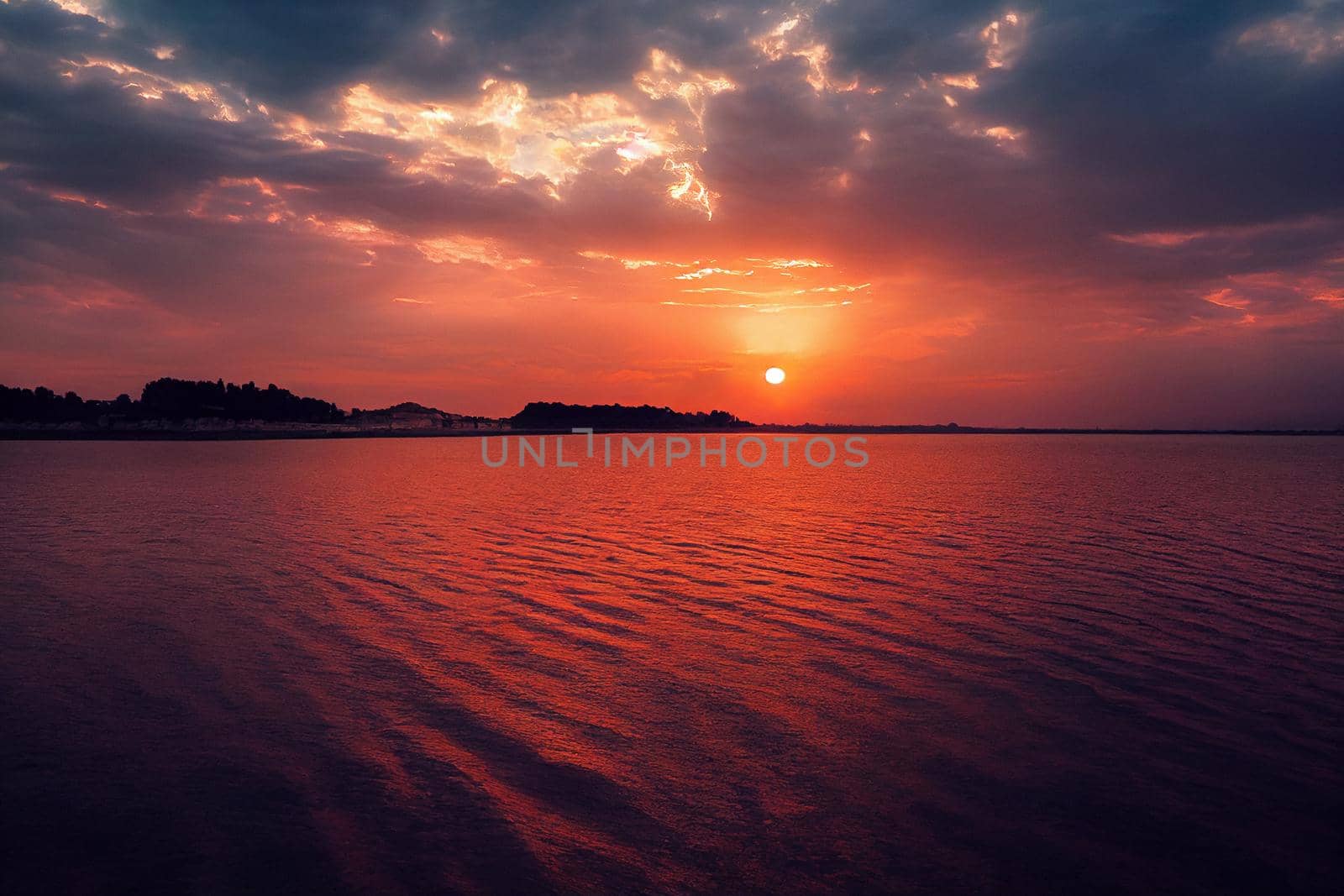 beautiful orange sunset on the shore of the beach. sunset sky.