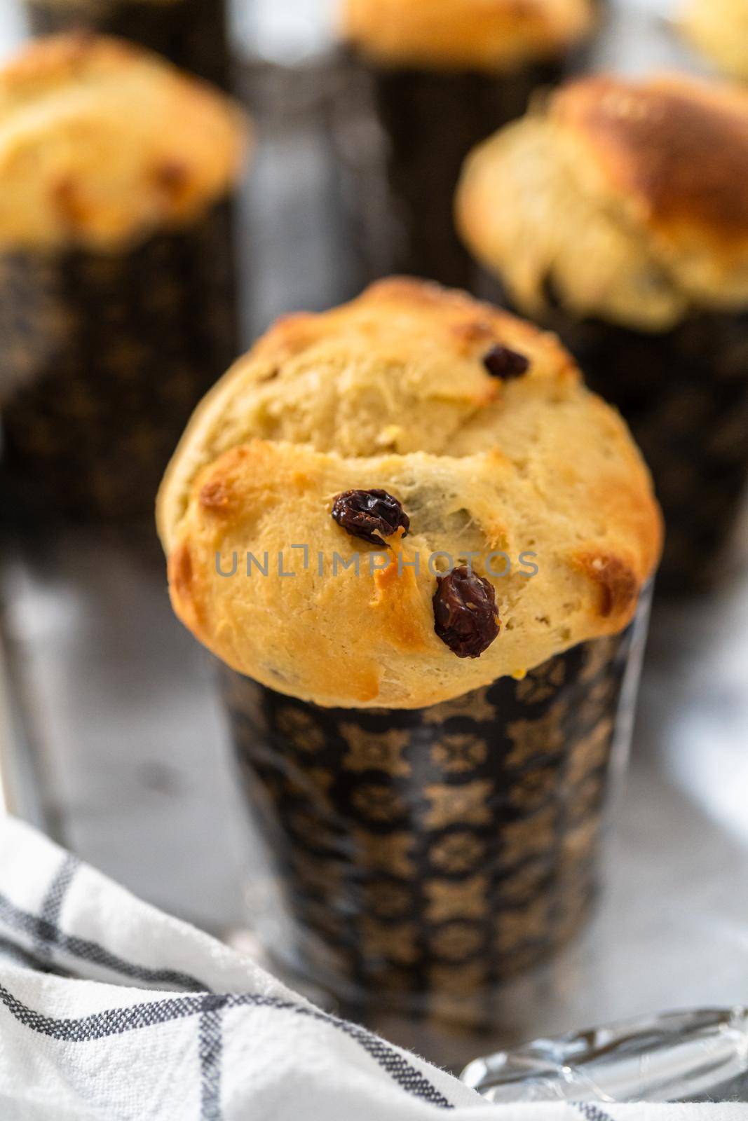 Cooling freshly baked mini Easter bread kulich on a kitchen counter.