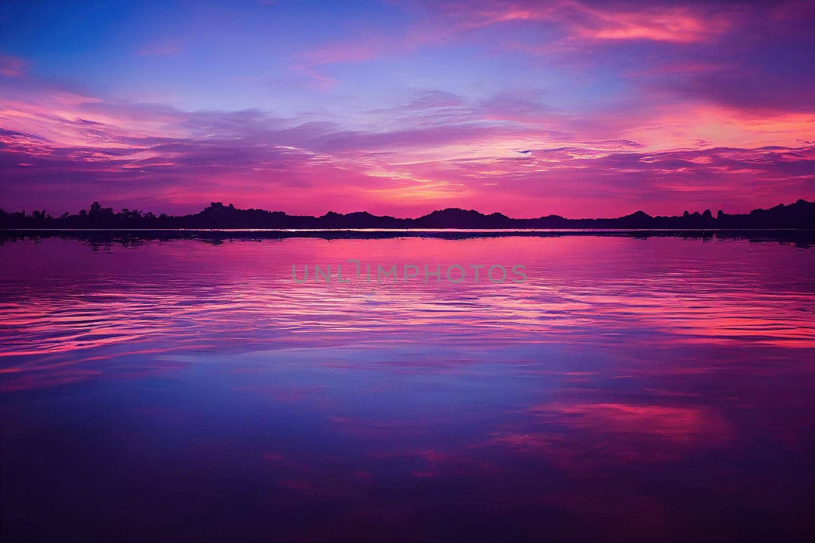 sunset at the beach with beautiful clouds in pink and red with reflections on the water. purple sky.