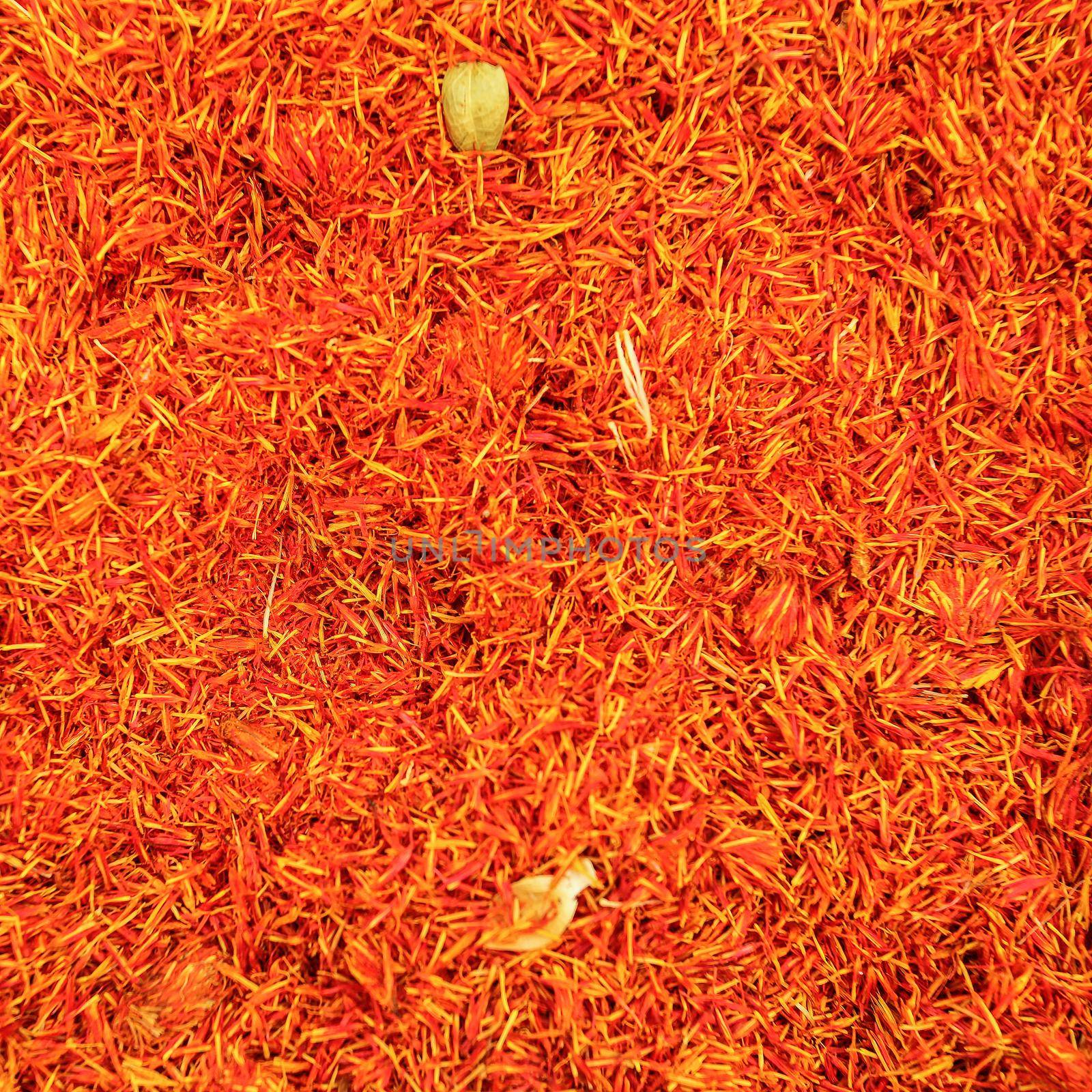 Top view, detail on bright orange red saffron (Crocus sativus) spice displayed on food market, Kyrenia, Northern Cyprus