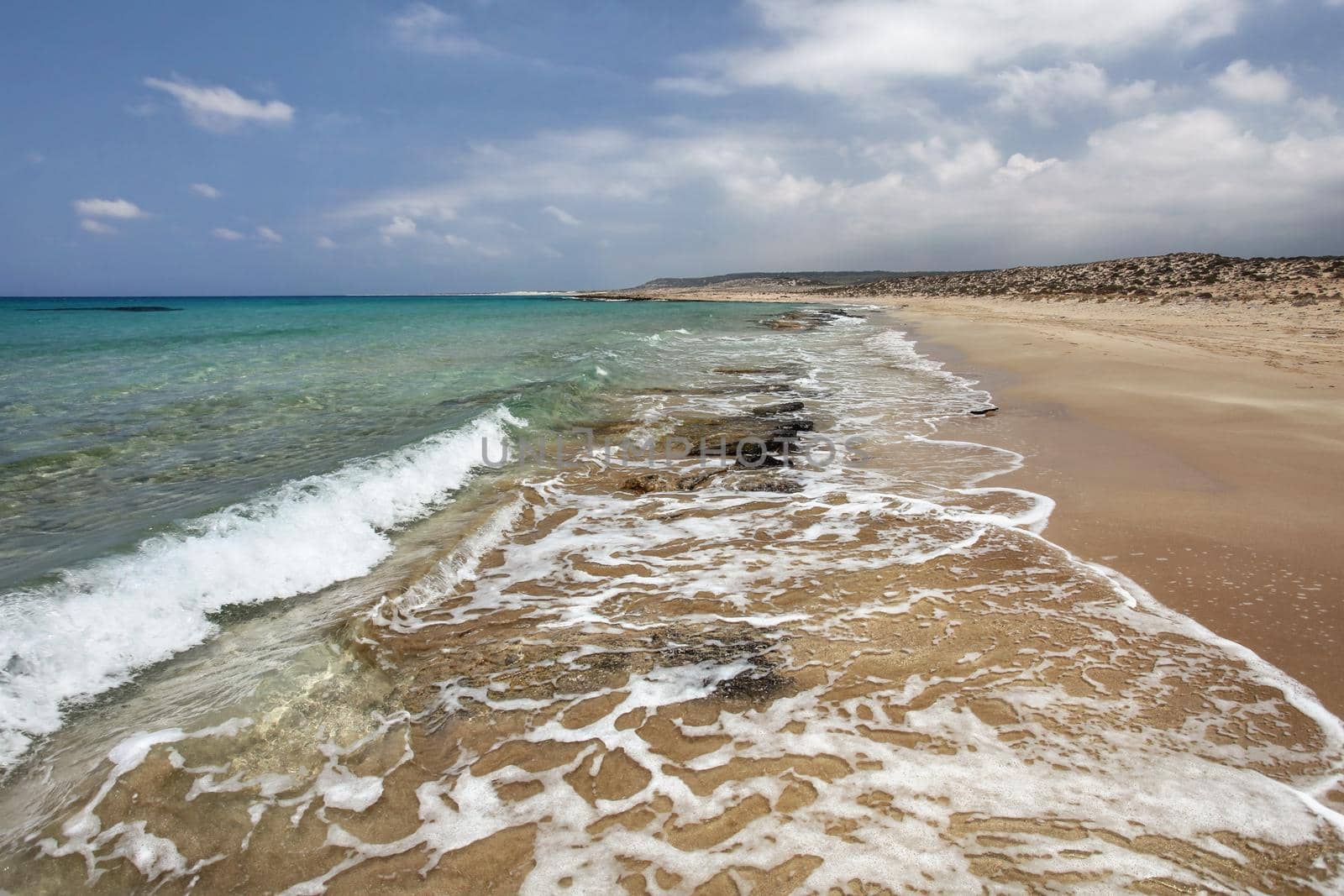 Beautiful wild beach, small rocks in fine sand, unspoiled with no tourists in Karpass region, Northern Cyprus