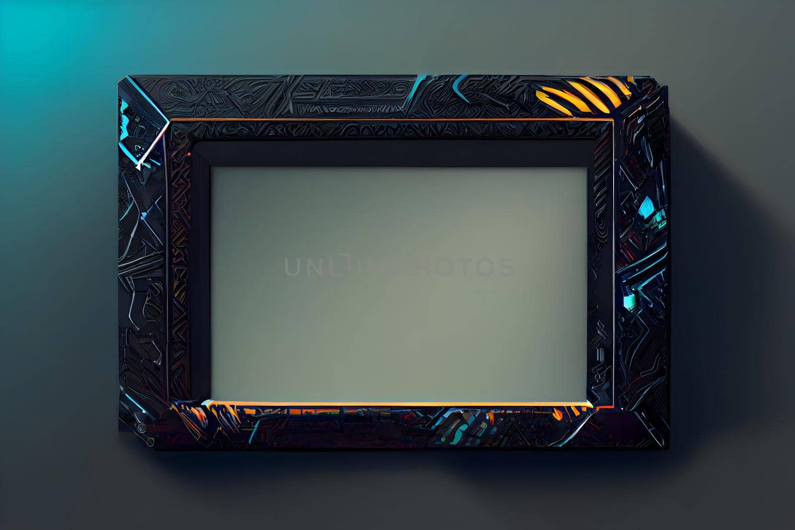 cyberpunk style picture frame mockup, neural network generated art. Digitally generated image. Not based on any actual scene or pattern.