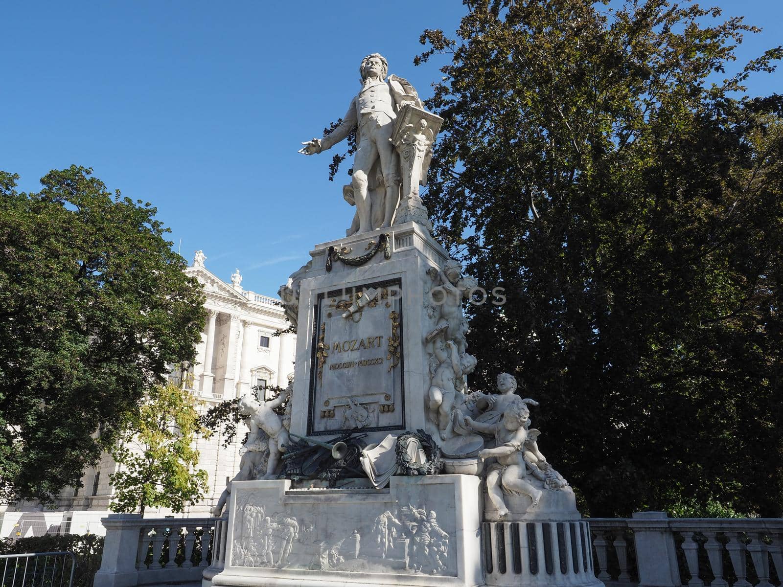 Mozart Denkmal translation Mozart monument in Burggarten by architect Karl Koenig and sculptor Viktor Tilgner circa 1896 in Vienna, Austria