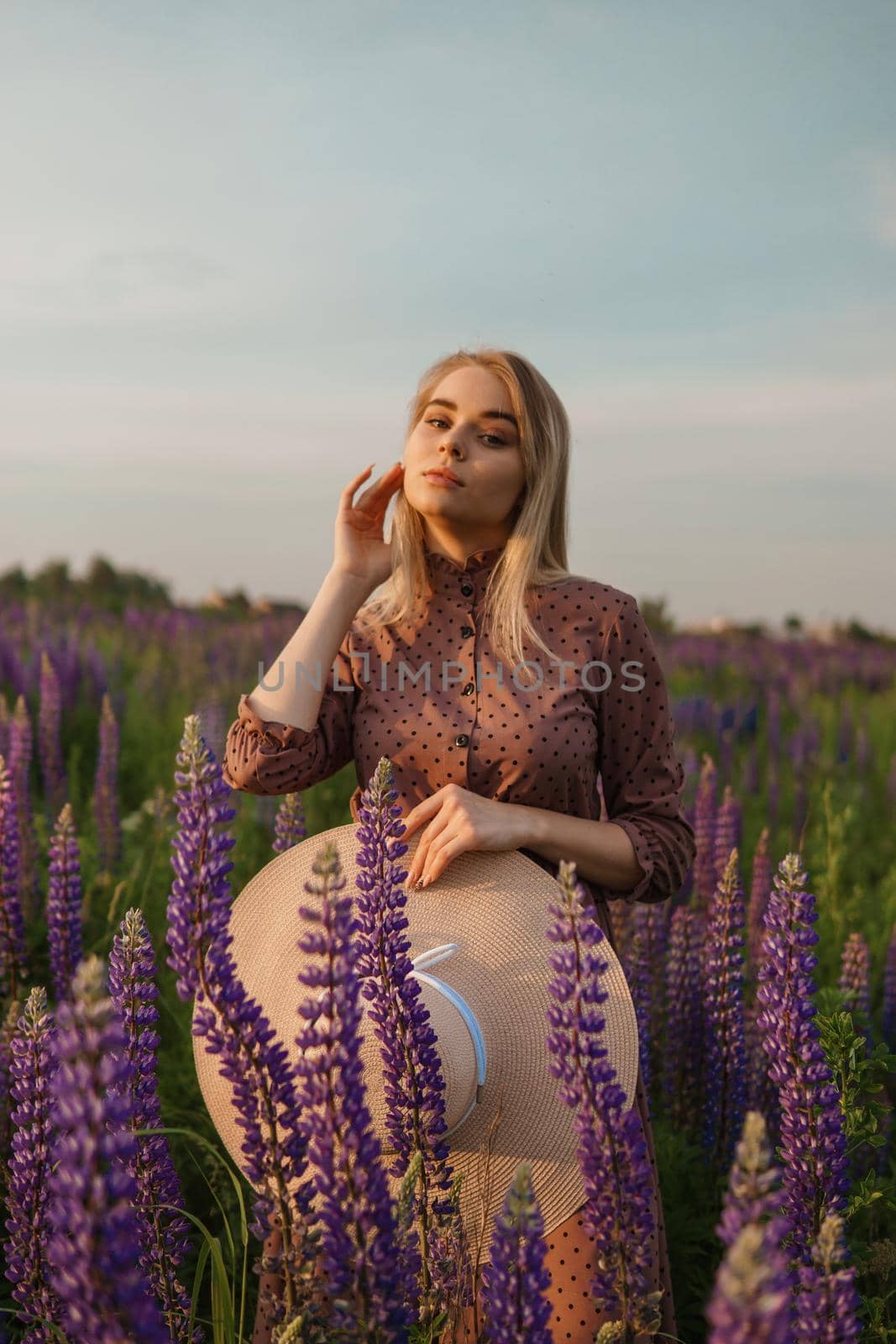 A beautiful woman in a straw hat walks in a field with purple flowers. A walk in nature in the lupin field by Annu1tochka