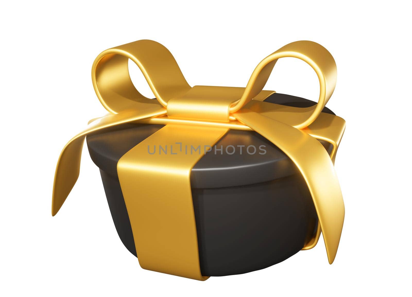 Realistic 3D Gift Black Box and Gold Bow on white.