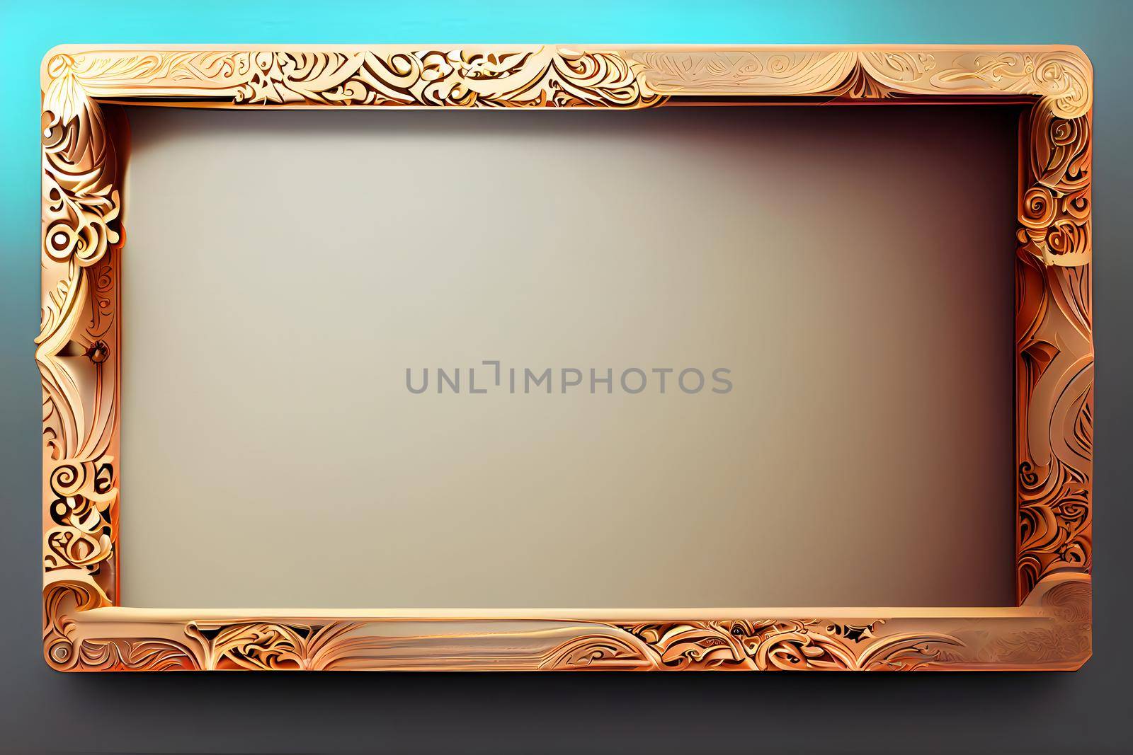 rectangular carved wood picture frame mockup with simple generic pattern, neural network generated art. Digitally generated image. Not based on any actual scene or pattern.