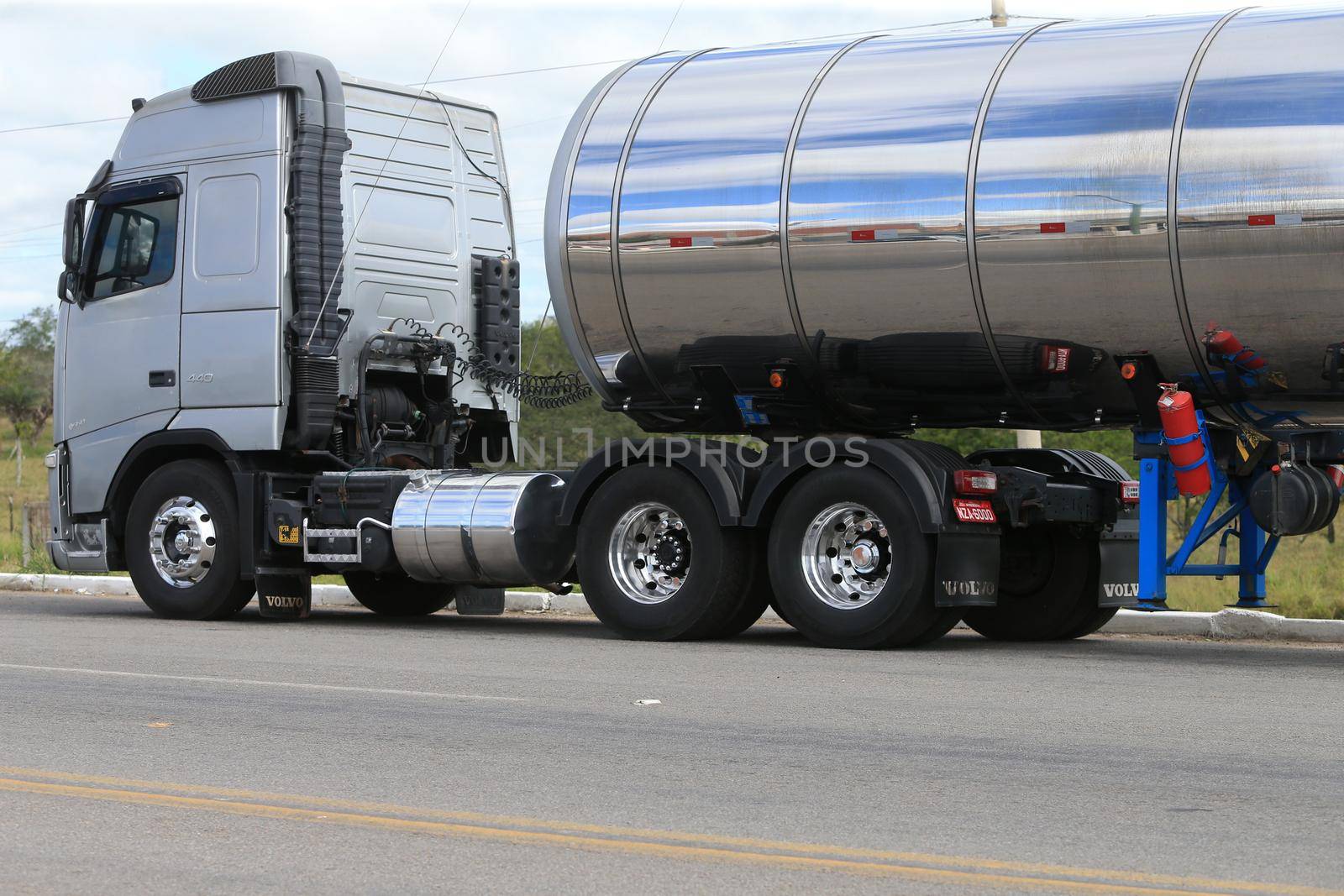 serra preta, bahia, brazil - september 13, 2022: truck traveling along the BA 052 highway in the city of Serra Preta.