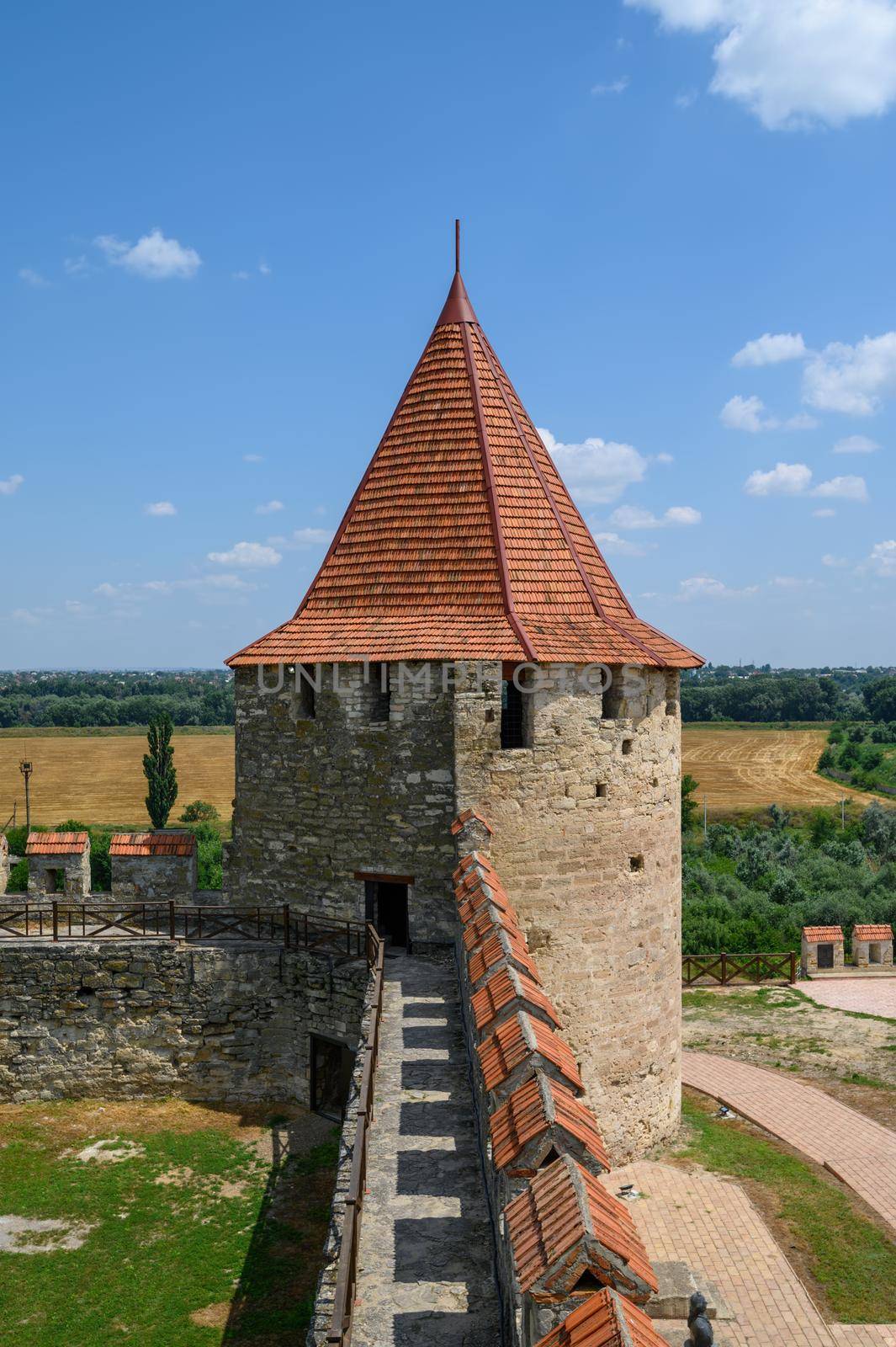 Tighina, Transnistria, Moldova - July 2021: Walls and towers of old medieval Turkish and Russian Bender Fortress on the Dniester river