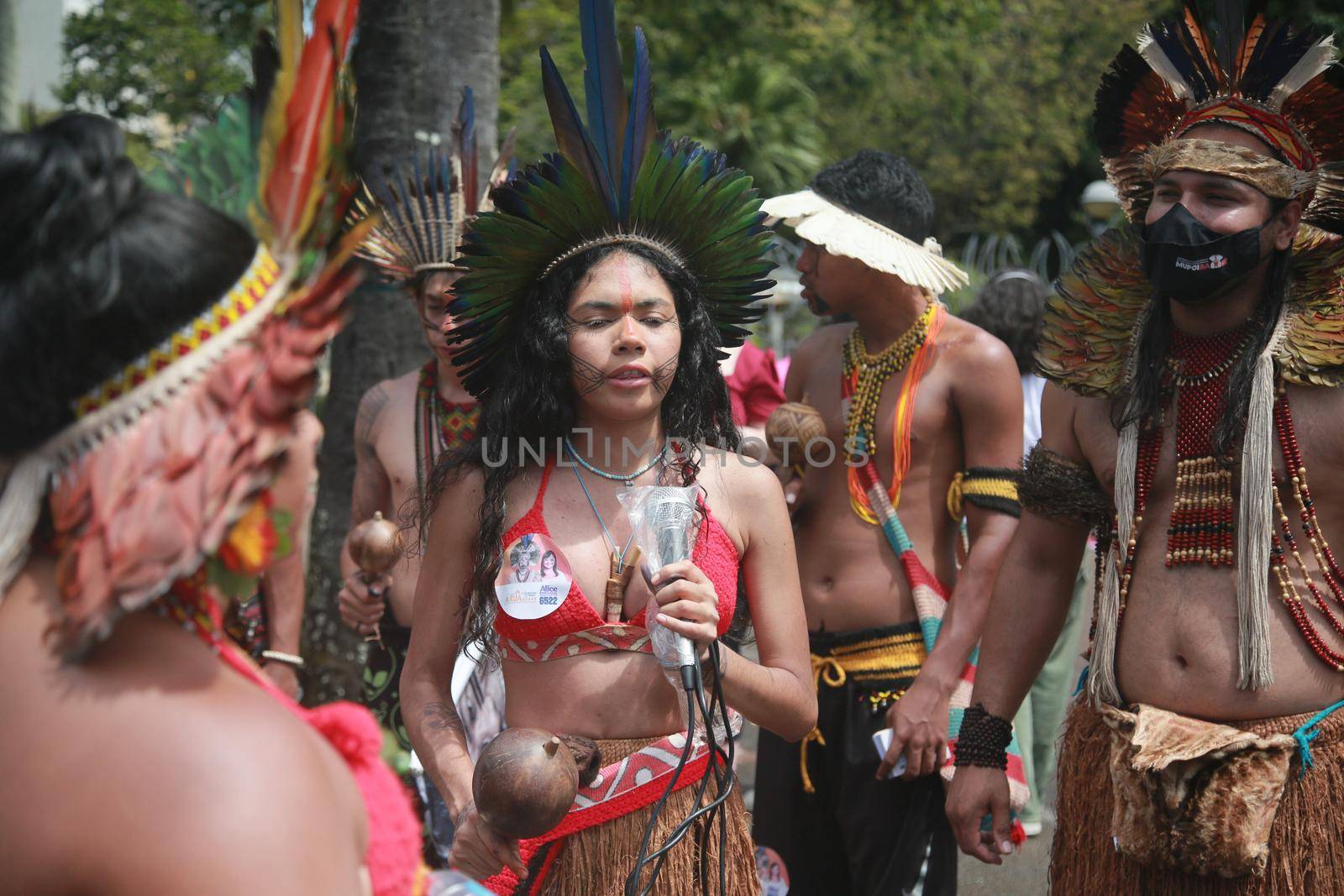 salvador, bahia, brazil - september 7, 2022: Indigenous people of the Pataxo ethnicity protest during the cry of the excluded in downtown Salvador.