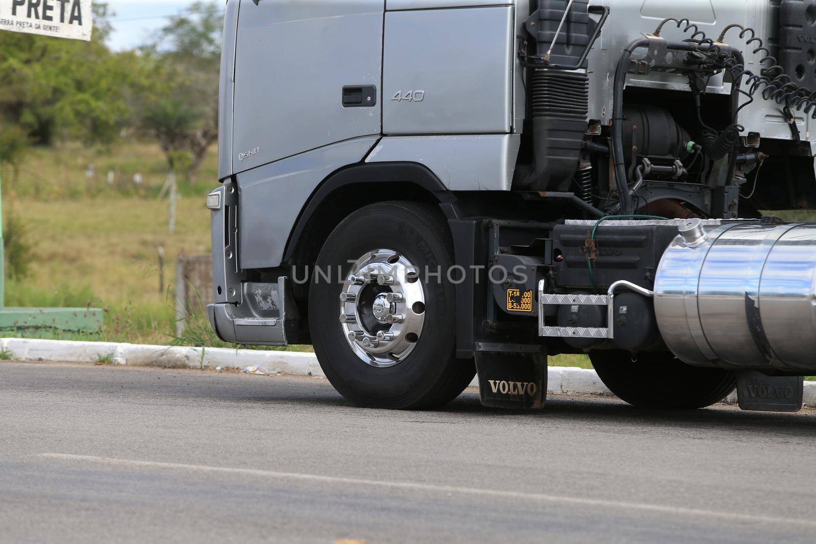 serra preta, bahia, brazil - september 13, 2022: truck traveling along the BA 052 highway in the city of Serra Preta.