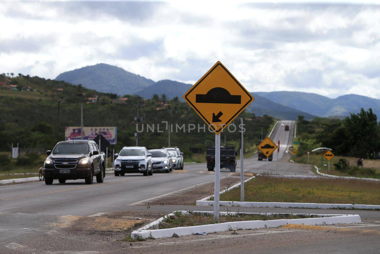 serra preta, bahia, brazil - september 13, 2022: truck traveling along the BA 052 highway in the city of Serra Preta.