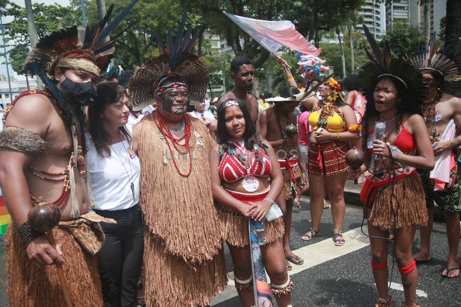 salvador, bahia, brazil - september 7, 2022: Indigenous people of the Pataxo ethnicity protest during the cry of the excluded in downtown Salvador.