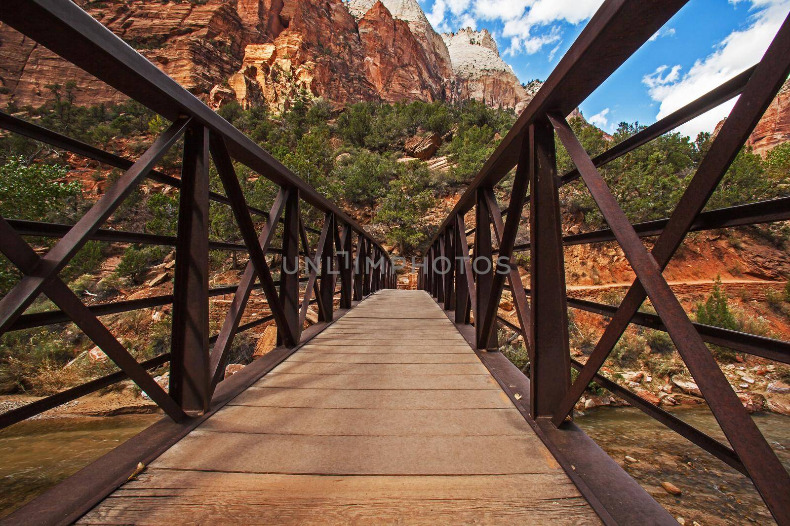 A bridge over the Virgin river on the Emerald Pools Trail in Zion National Park. Utah