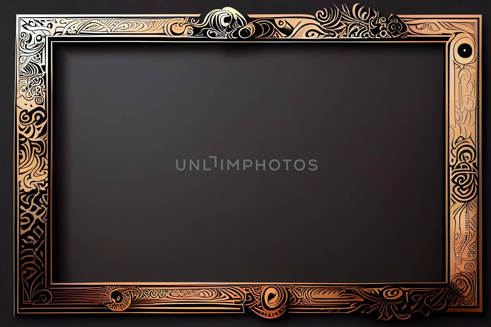 ornate black and gold rectangular picture frame mockup, neural network generated art. Digitally generated image. Not based on any actual scene or pattern.