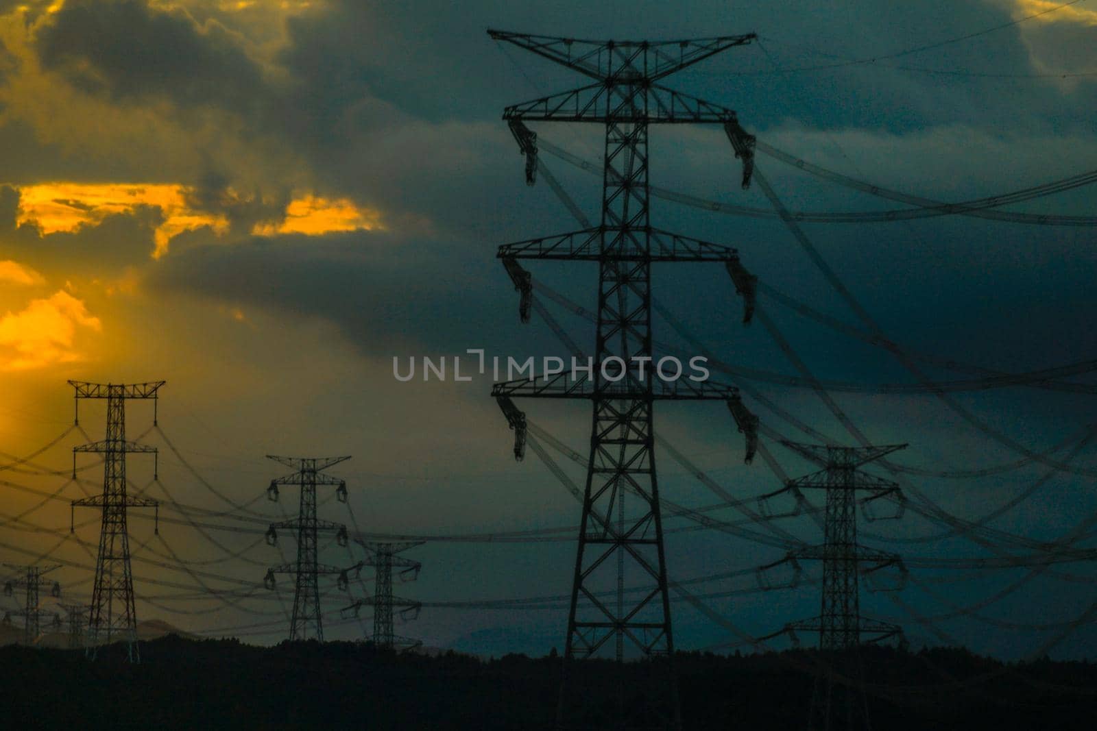 Silhouette image of sunset and tower. Shooting Location: Fukushima Prefecture