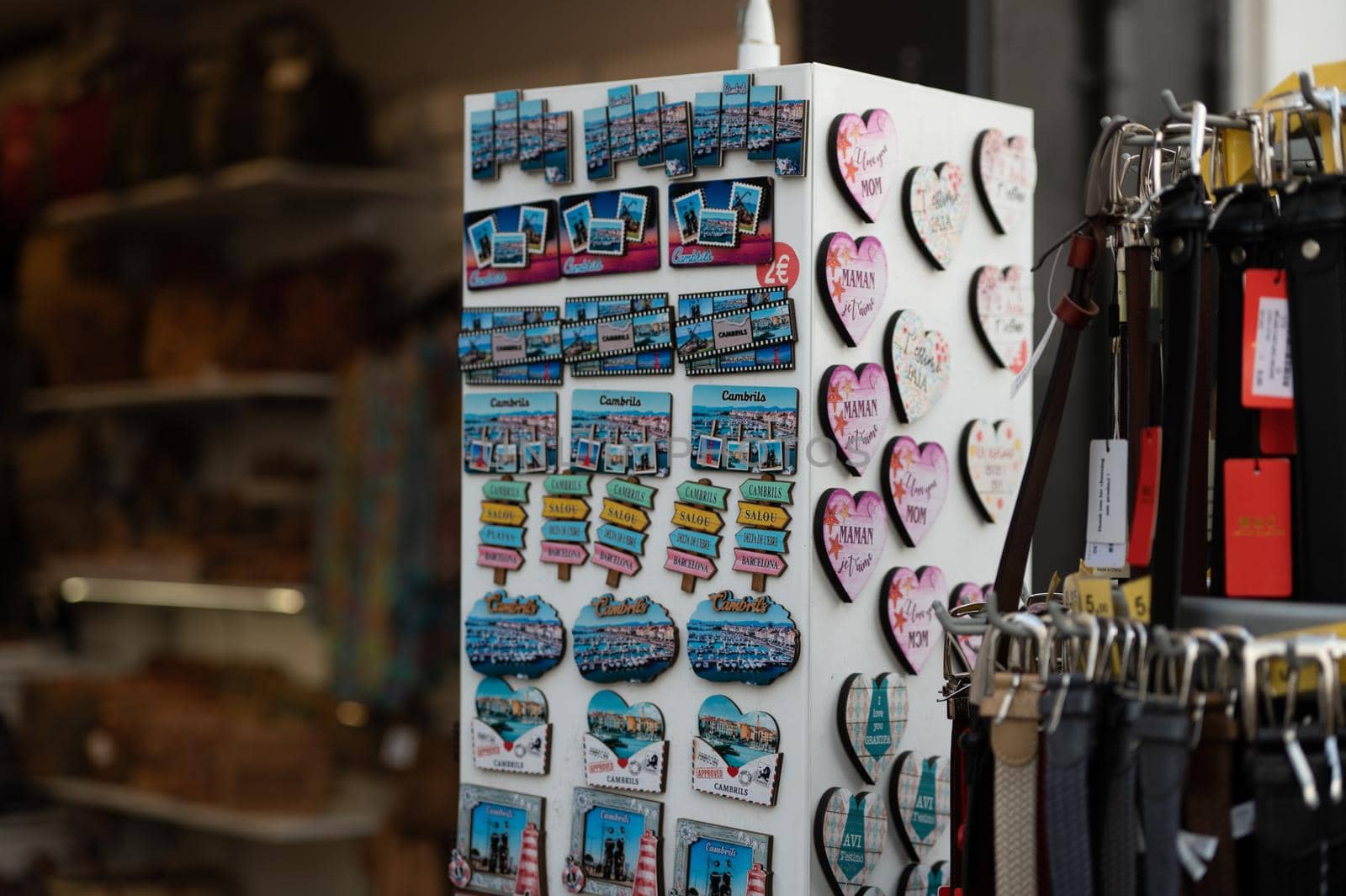 Cambrils, Spain : 2022 September 10 : Souvenirs in the summer in the tourist city of Cambrils in Catalonia.