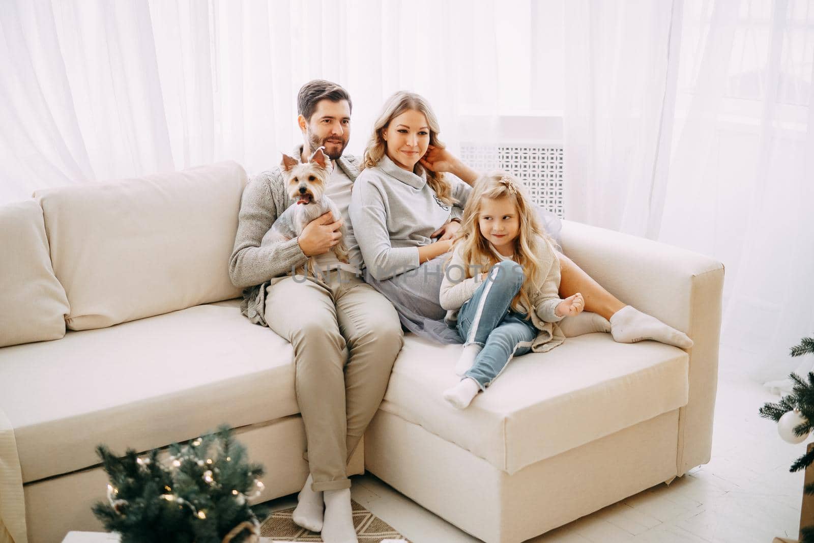 Happy family: mom, dad and pet. Family in a bright New Year's interior with a Christmas tree.