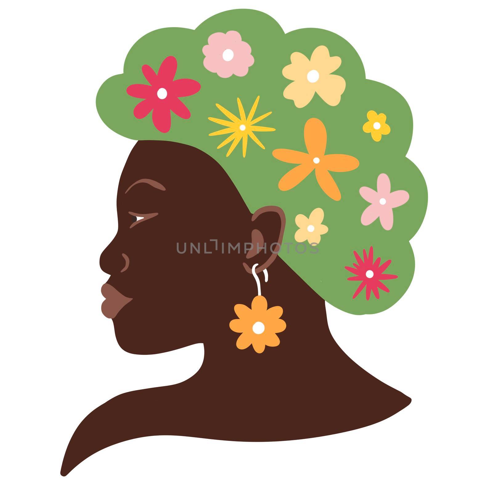 Hand drawn illustration of black African American woman with flowers in hair head in profile. Mental health wellbeing harmony mind psychology concept, healing energy think green design, summer fashion