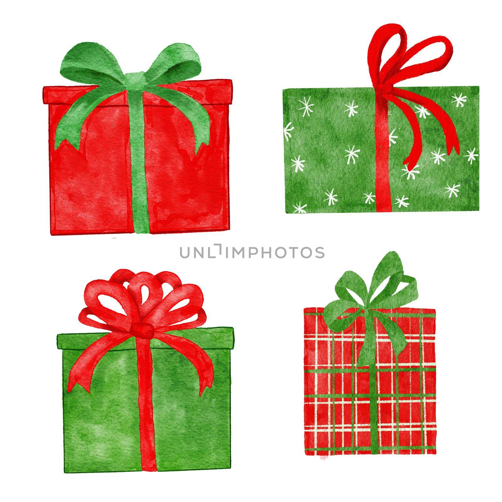 Hand drawn watercolor illustration of red green christmas gift present boxes with ribbon bows. Cute festive holiday shopping, greeting congratulation for birthday winter party cards, invitations, bright merry design