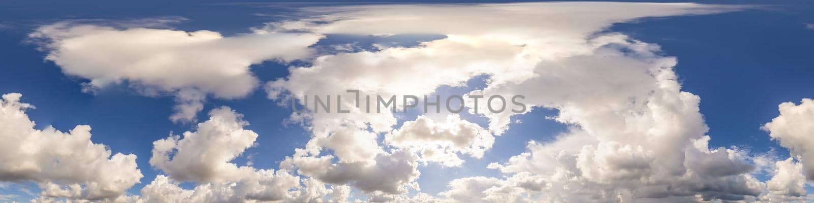 Sky panorama with Cirrus clouds in Seamless spherical equirectangular format. Full zenith for use in 3D graphics, game and editing aerial drone 360 degree panoramas for sky replacement
