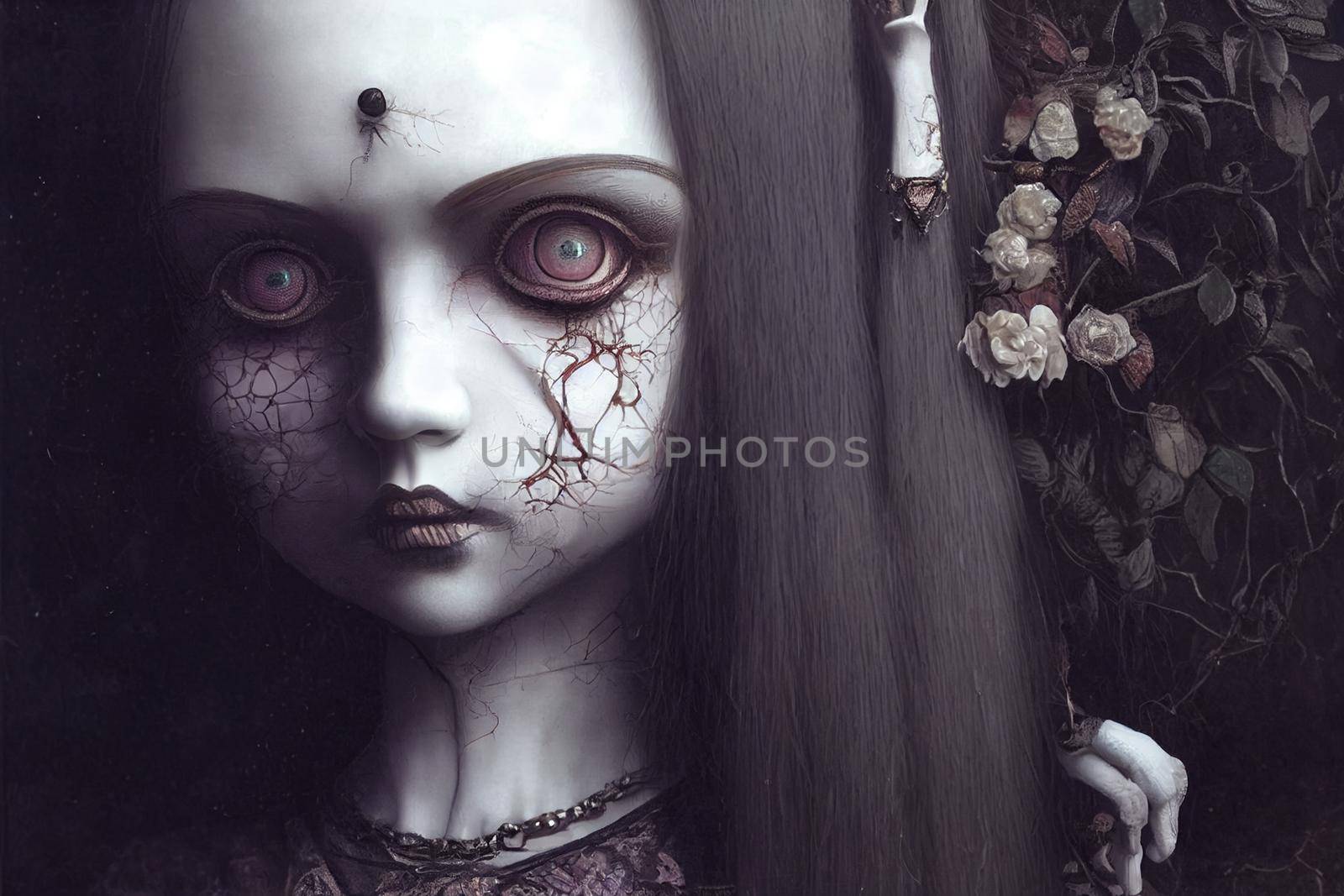 3D render of dolls in the gothic and creepy in halloween night. 