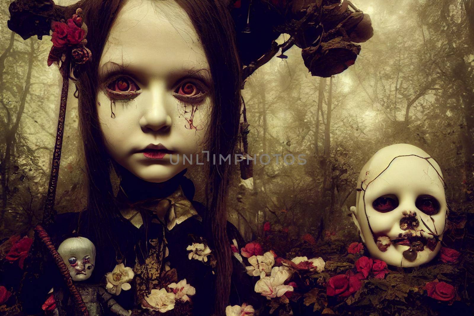 3D render of dolls in the gothic and creepy in halloween night. 