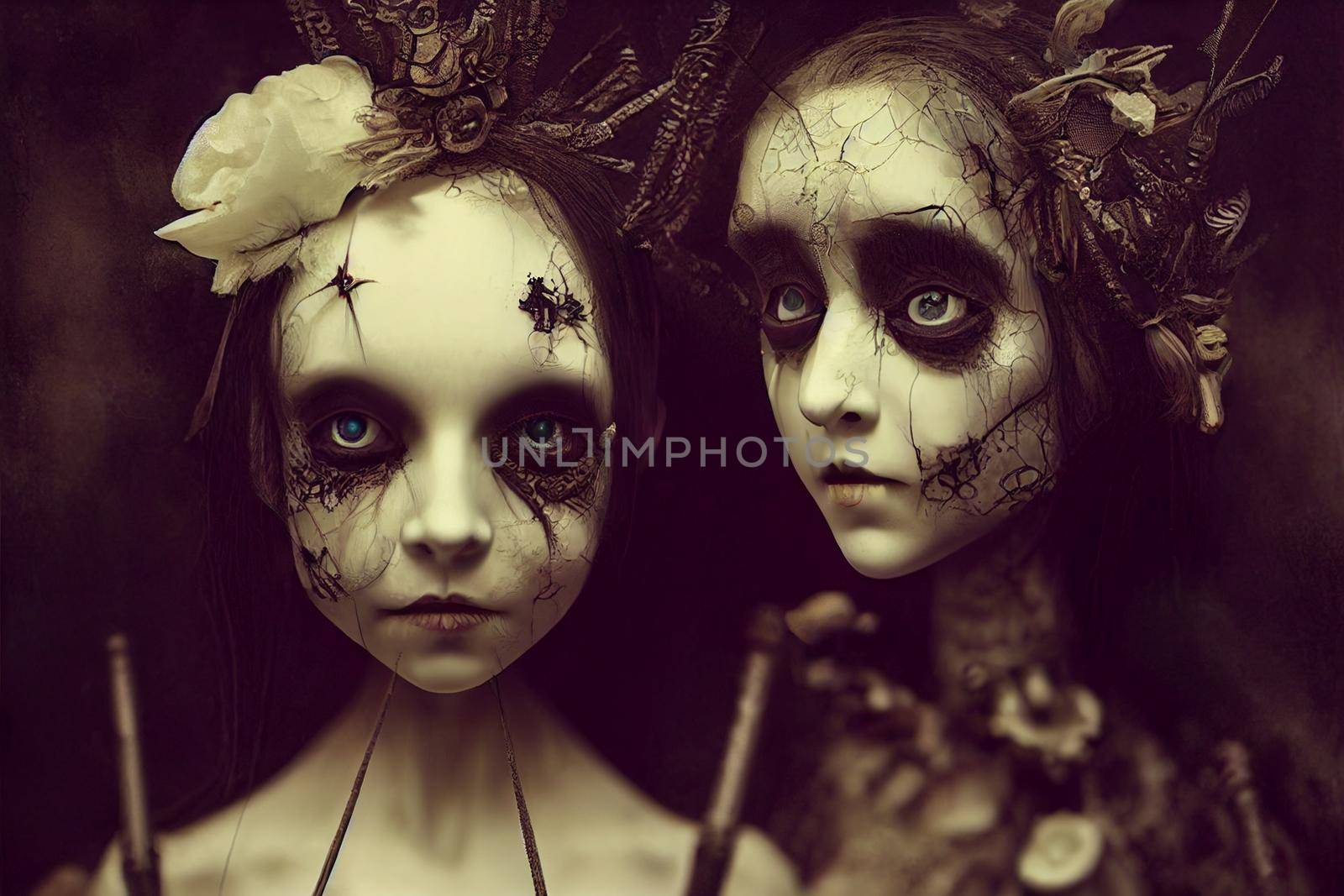 3D render of dolls in the gothic and creepy in halloween night. 