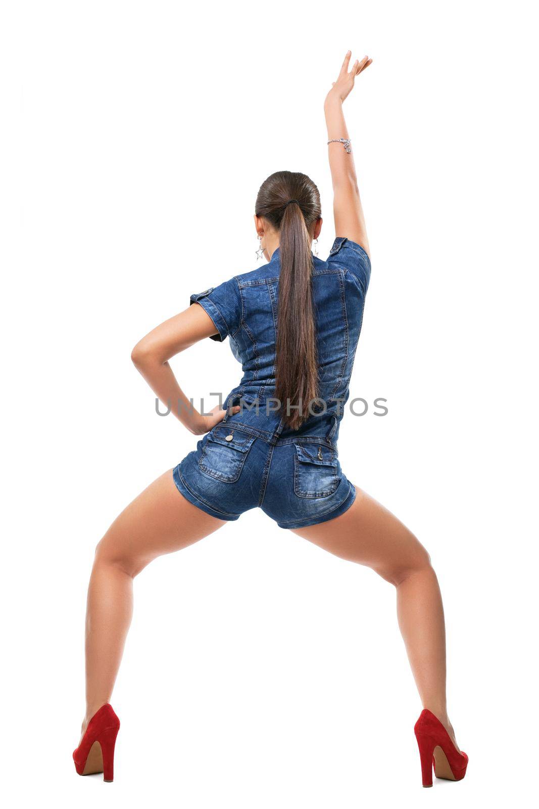 Young girl dance rnb style in sexy jeans jacket isolated