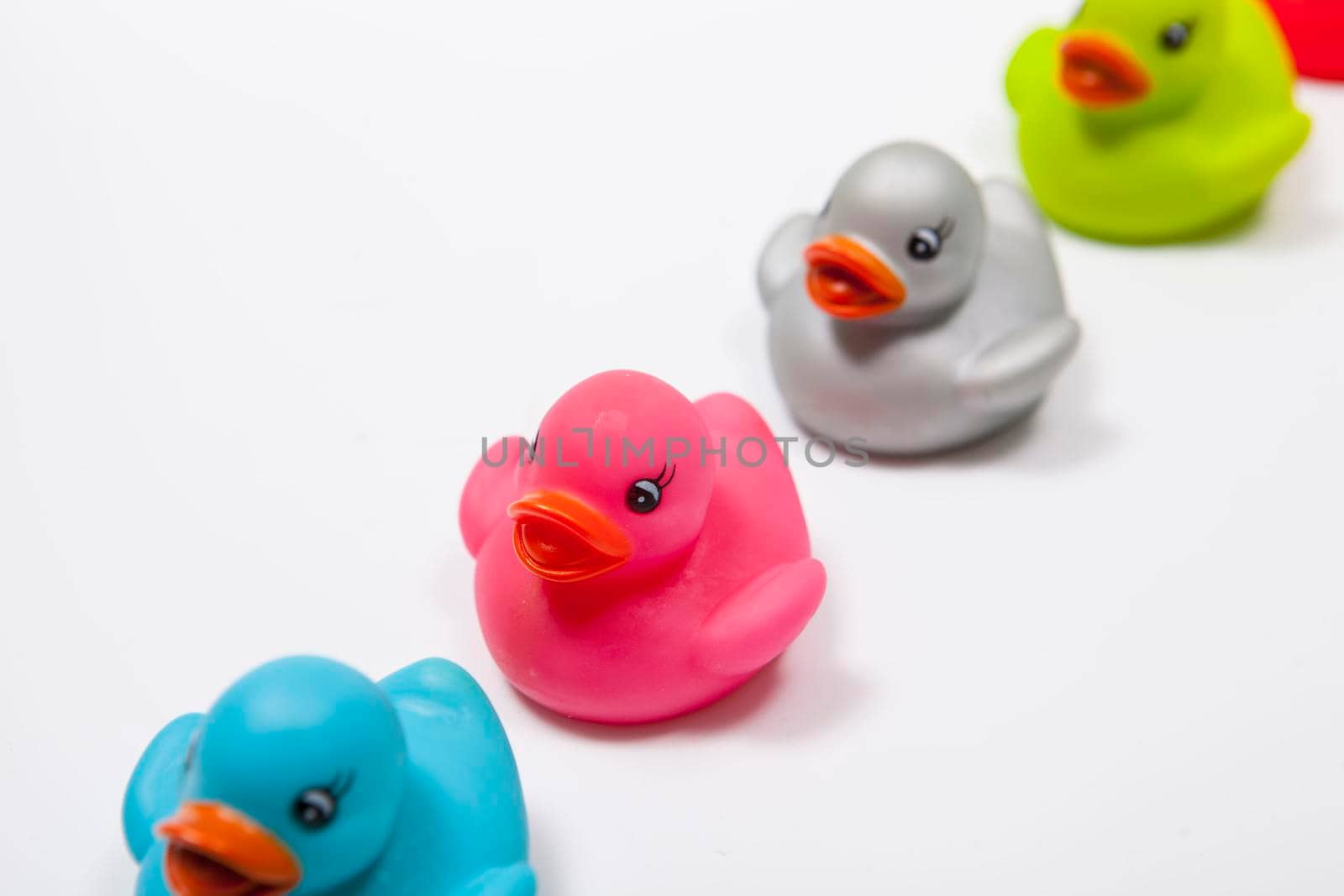 Close up of cute multicolored rubber ducks on white background