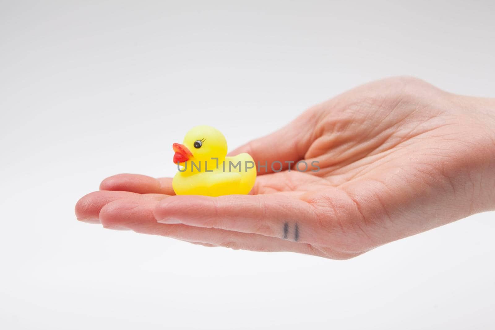 Adorable tiny rubber duck in the hand of unrecognizable human