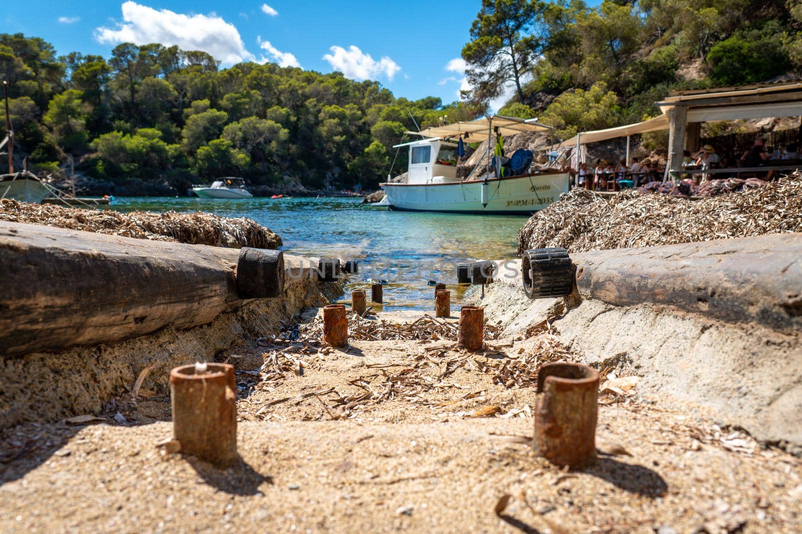 View of the Ibizan Cala Mastella and El Bigotes Restaurant