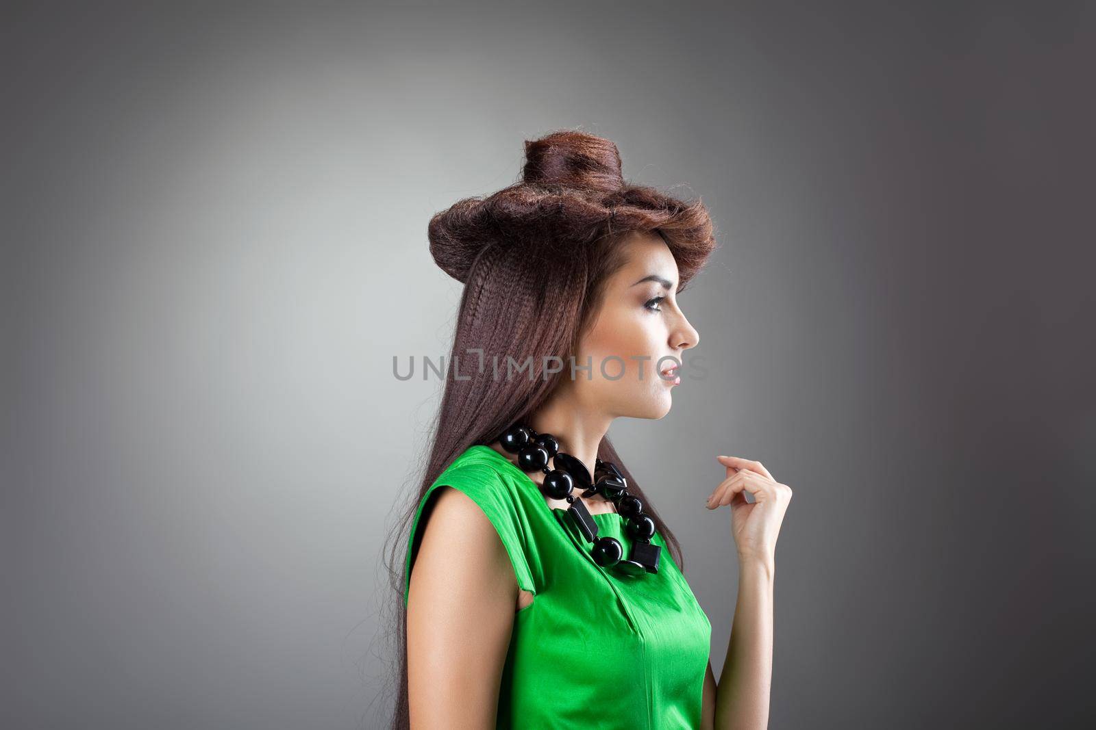 Cute woman posing in hair style hat - green dress by rivertime