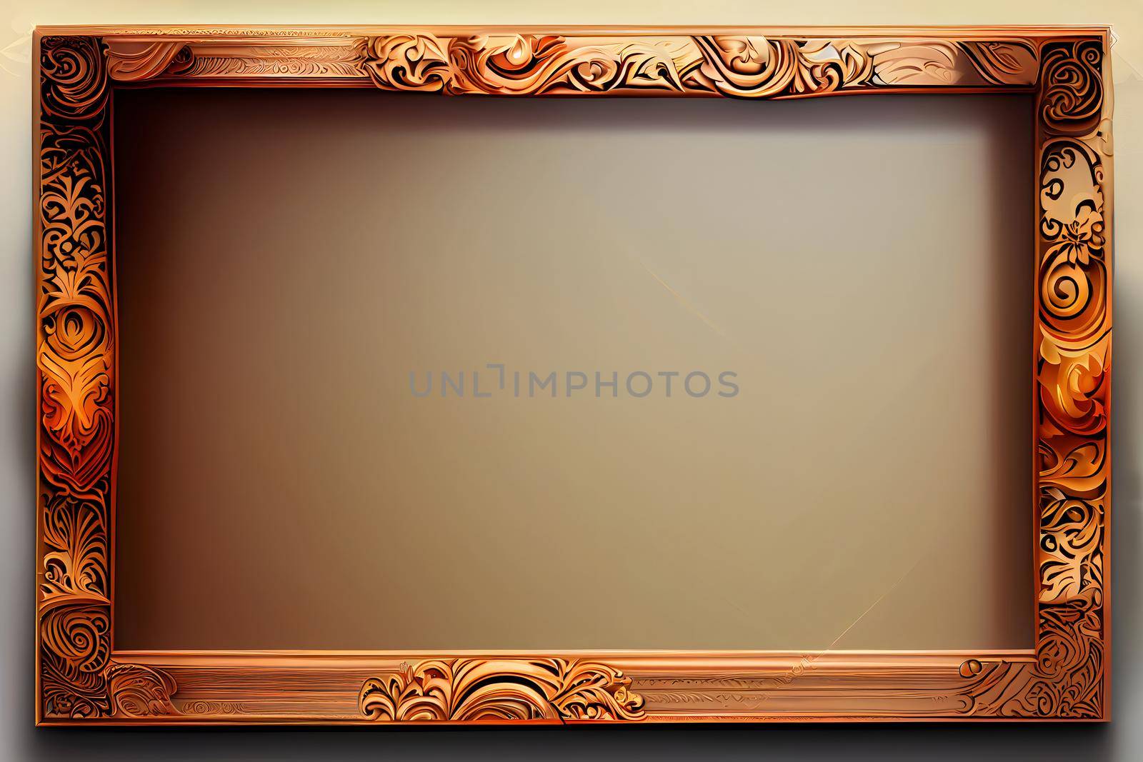 rectangular carved wood picture frame mockup with simple generic pattern, neural network generated art. Digitally generated image. Not based on any actual scene or pattern.