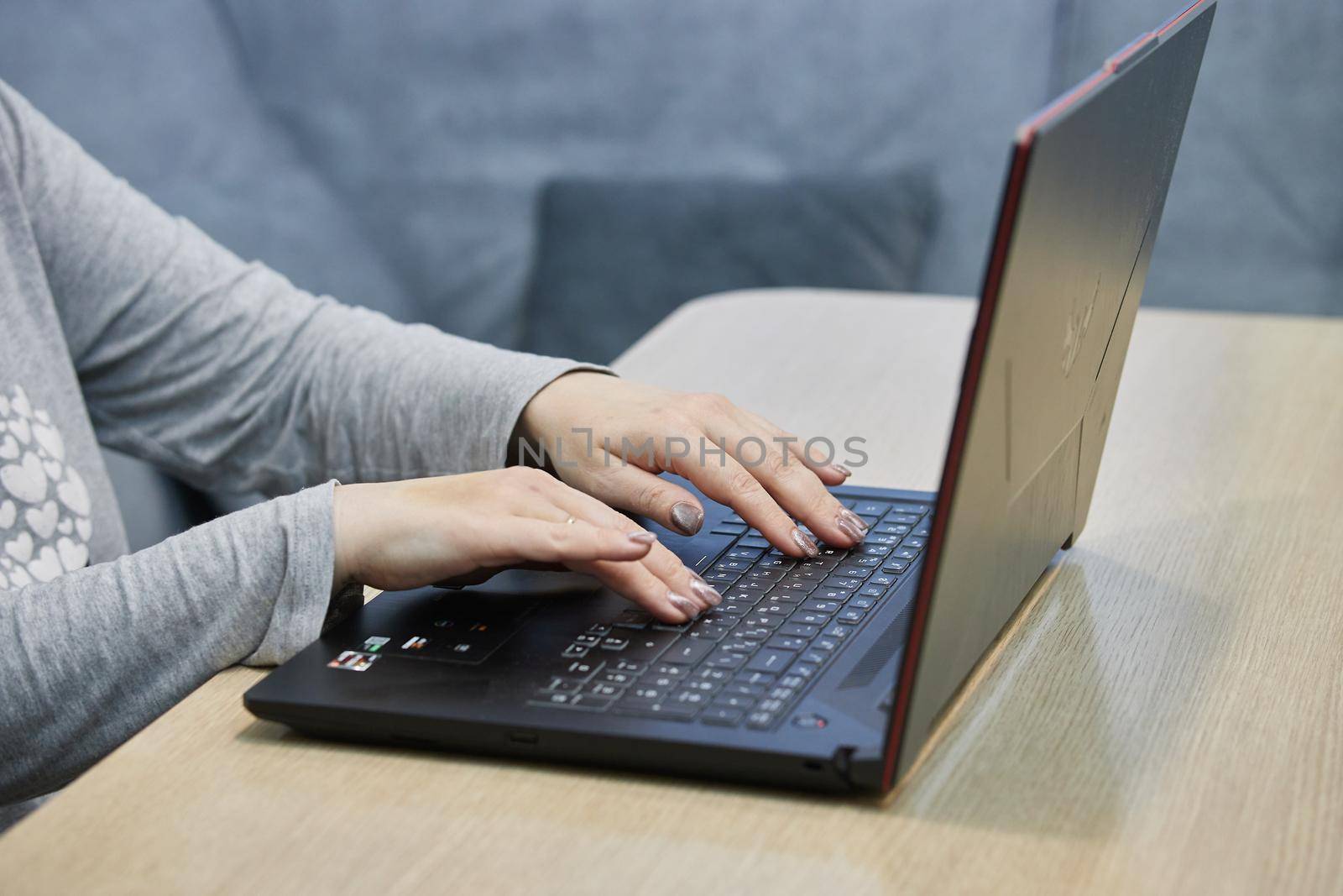 a woman works online with a laptop during quarantine.
