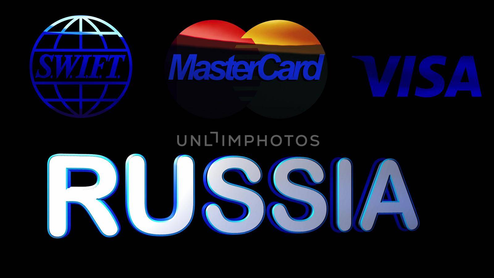 Russia, Syzran - FEBRUARY 27, 2022: Russia and swift, visa, mastercard signs, animated text on a black background, disconnecting Russia from international payments, imposing sanctions. by vadiar