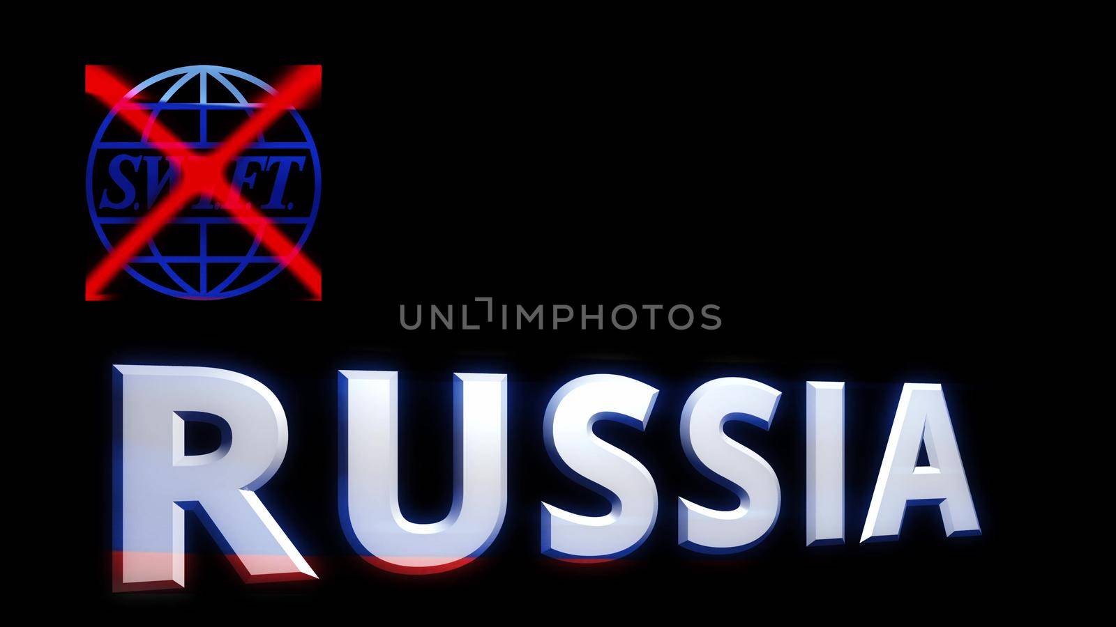 Russia, Syzran - FEBRUARY 27, 2022: Russia and the crossed-out swift sign, animated text on a black background, disconnecting Russia from international payments, imposing sanctions by vadiar