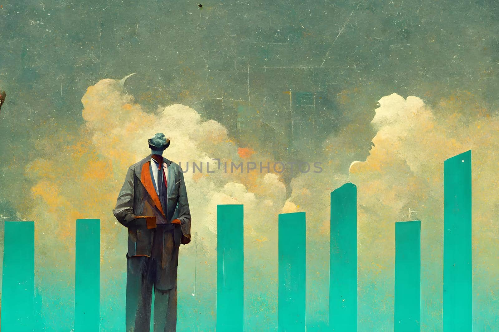 grotesque cartoon business man figure standing in front of bizarre styled charts, neural network generated art. Digitally generated image. Not based on any actual scene or pattern.