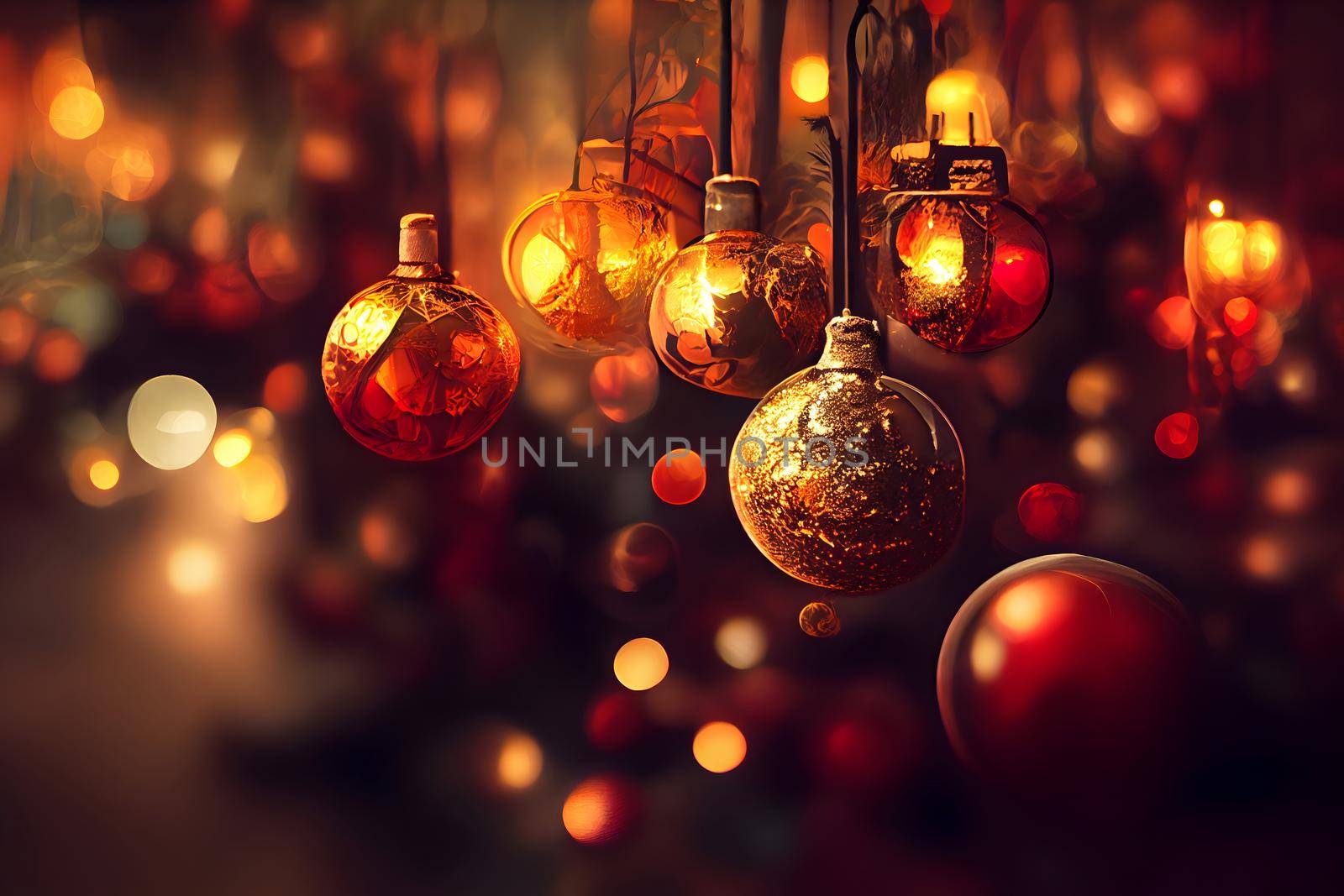 close-up christmas decorations background with selective focus and background blur, neural network generated art. Digitally generated image. Not based on any actual scene or pattern.