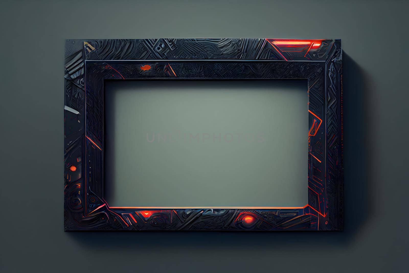cyberpunk style picture frame mockup, neural network generated art. Digitally generated image. Not based on any actual scene or pattern.