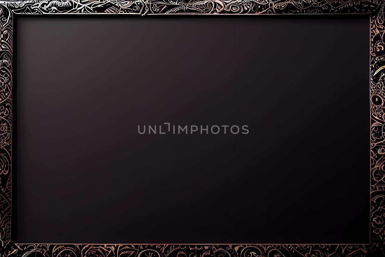 ornate black and gold rectangular picture frame mockup, neural network generated art. Digitally generated image. Not based on any actual scene or pattern.