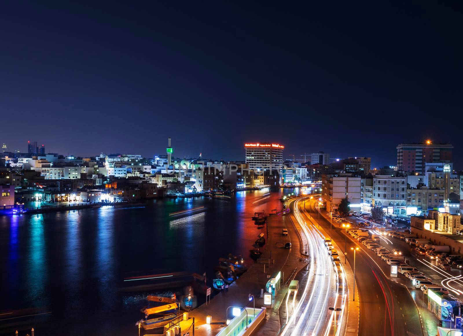 Dubai, UAE - 08.08.2021 Old town at night. Creek by pazemin