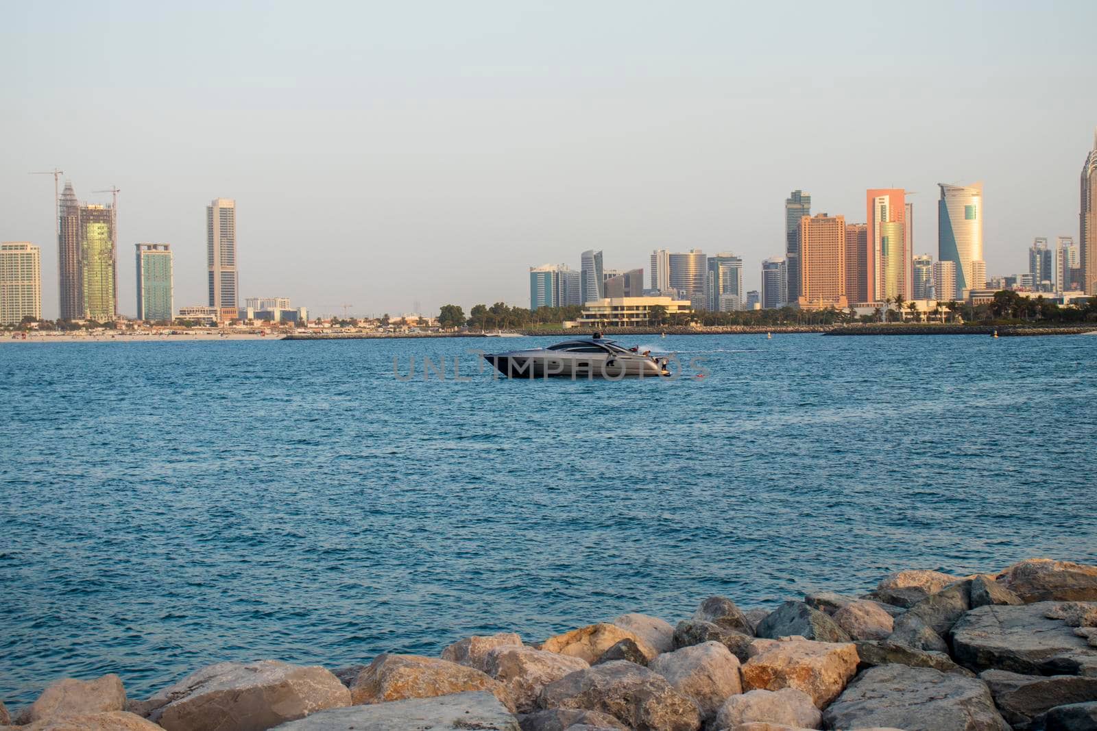 Dubai city skyline before the sunset. View from Palm Jumeirah. Outdoors