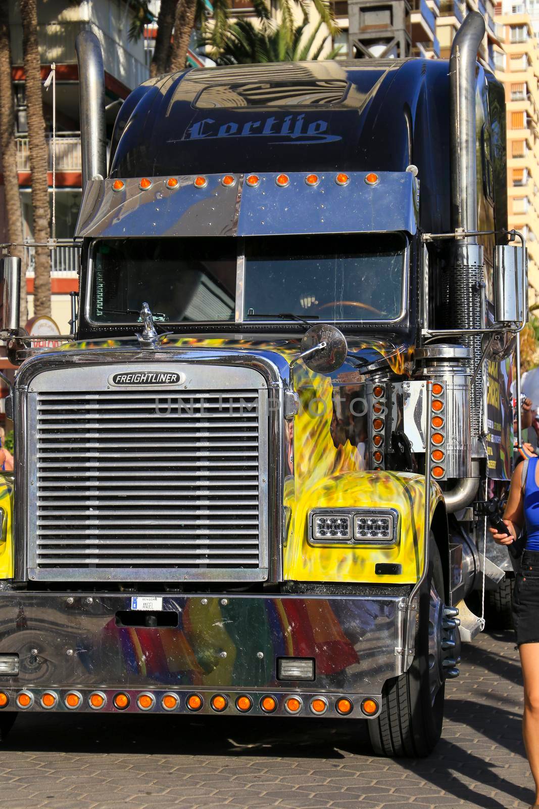 Alicante, Spain- September 11, 2022: Colorful large trailer in the middle of the street in Alicante, Spain