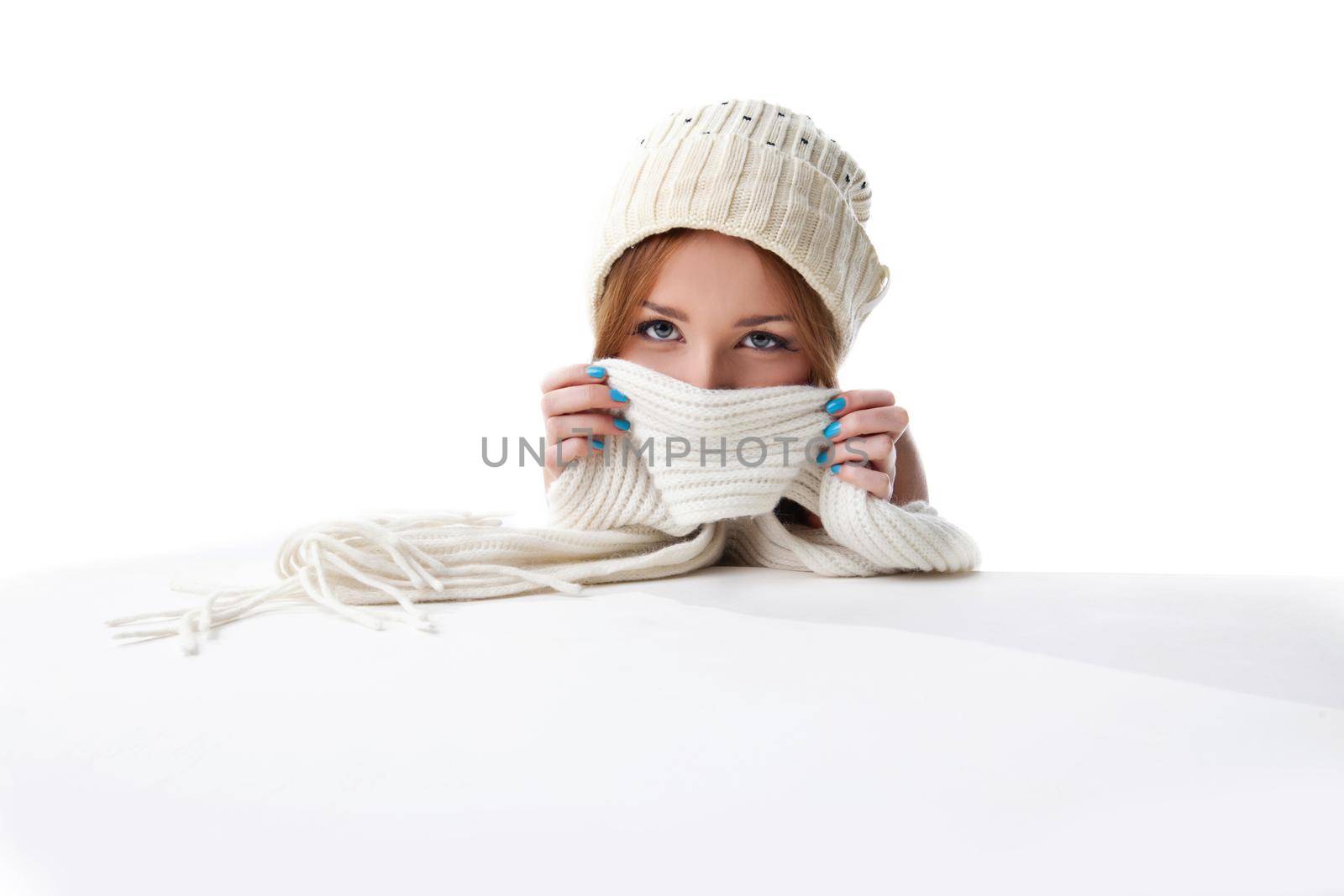 happy blond woman hide with white scarf look at camera