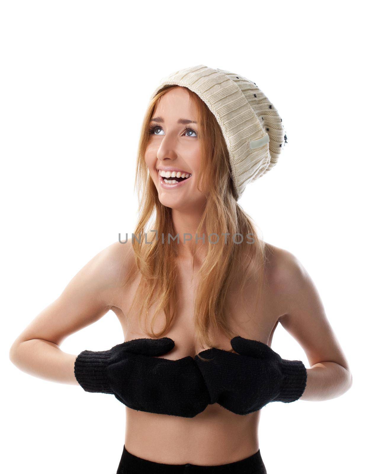 Happy blond woman close breast with mitten by rivertime