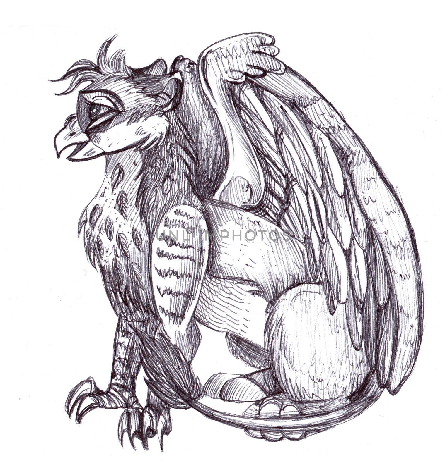 Hand drawn illustration gryphon in cartoon style. Monochrome. Doodle illustration.