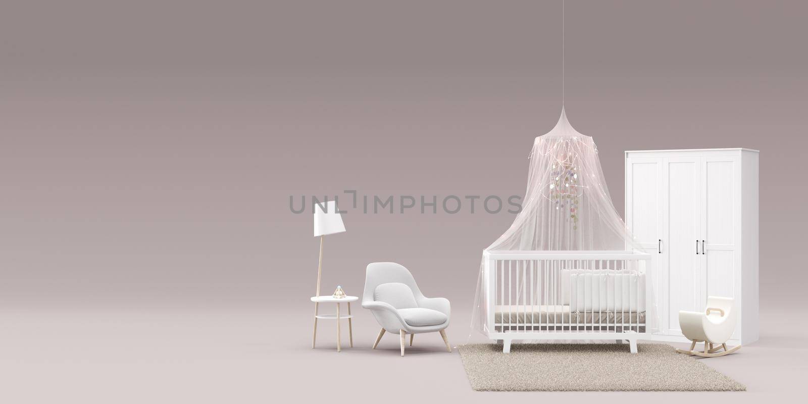 Banner with modern child room furniture and copy space for your advertisement text or logo. Furniture store, interior details. Furnishings sale, interior project. Template with free space. 3d render